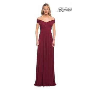La Femme Off The Shoulder Ruched Jersey Column Gown Wine Red Size 12 NWOT